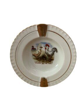 Vtg Porcelain Ashtray Cartoon Duck Rooster I Get So Awful Tired of Chicken 1960s